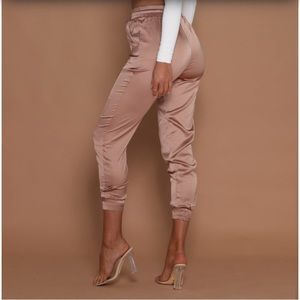 Meshki Agatha satin joggers in Rose Gold